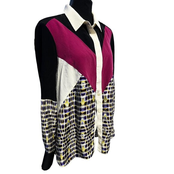 RACHEL ROY Silk Button-Down Shirt Women Large Geometric Print  Colorblock Office - Picture 1 of 10